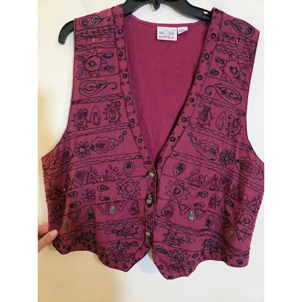 Denim Republic Vintage Boho Embroidered Beaded Cotton Vest Burgundy Large India